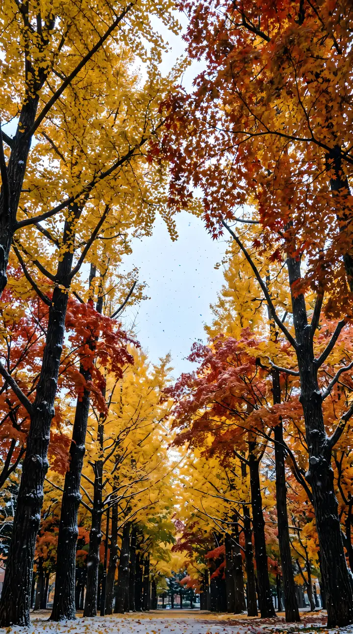 오도리 공원 가로수길의 수직 시네마틱 초설 뷰