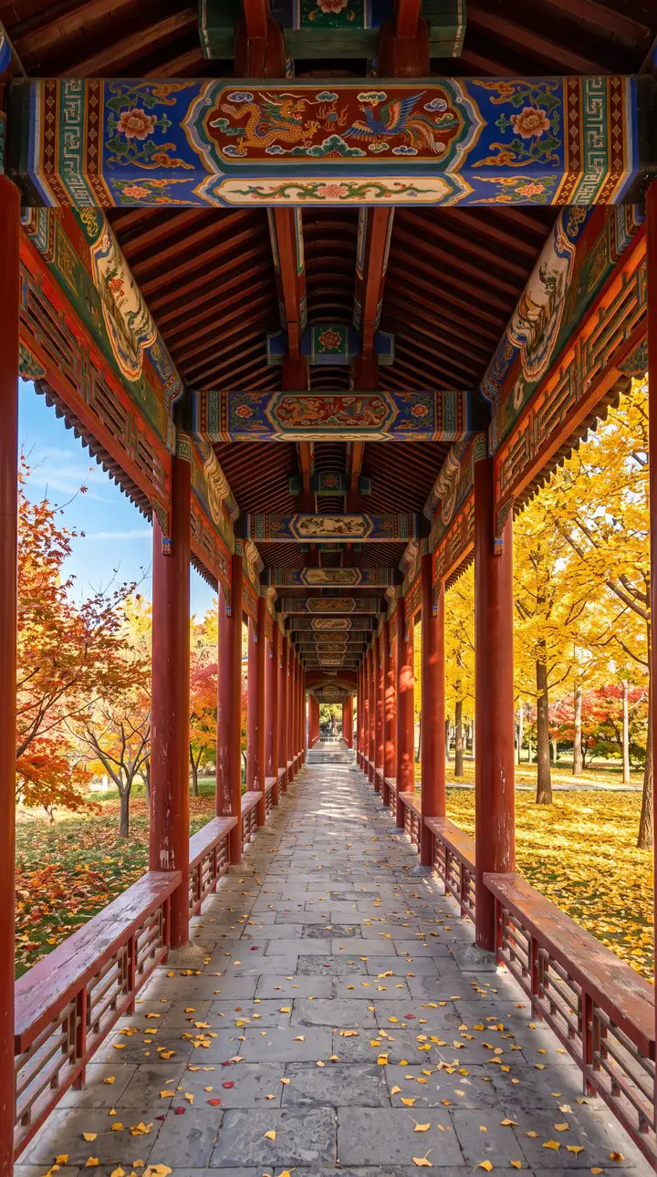 이화원 장랑의 화려한 단청과 수직 단풍