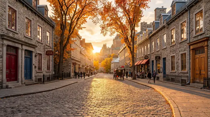 황금빛 석양 속 퀘벡 구도심 가을 대로