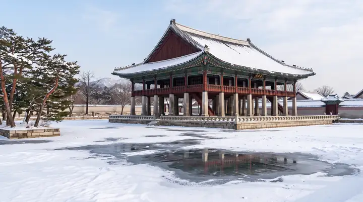 결빙된 연못에 비친 경복궁 경회루 설경과 돌기둥