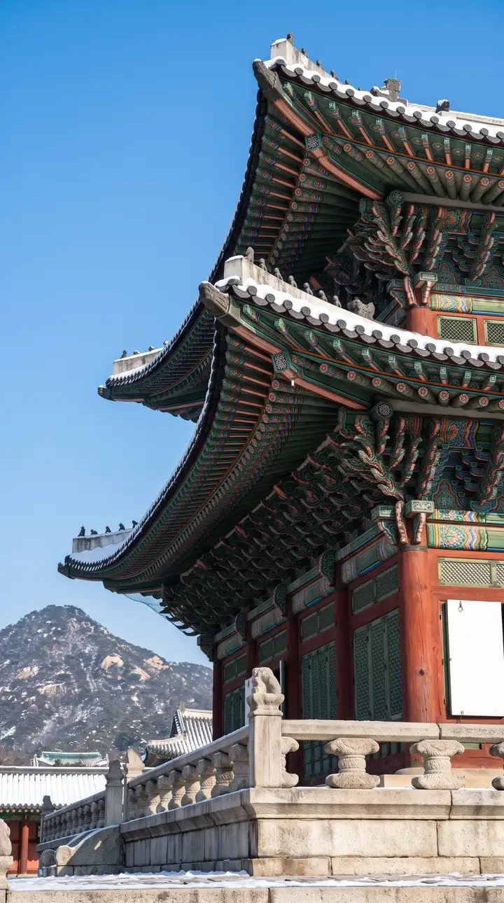 경복궁 근정전 중층 전각 처마 단청과 설경 로우앵글