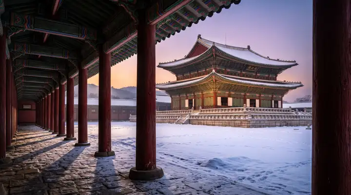 경복궁 회랑 붉은 기둥 너머 눈 덮인 근정전과 저녁 노을