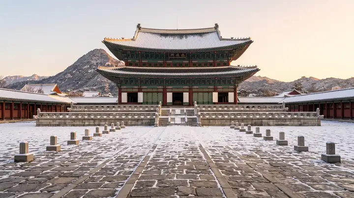 일출 햇살을 받은 경복궁 근정전 조정 설경과 품계석