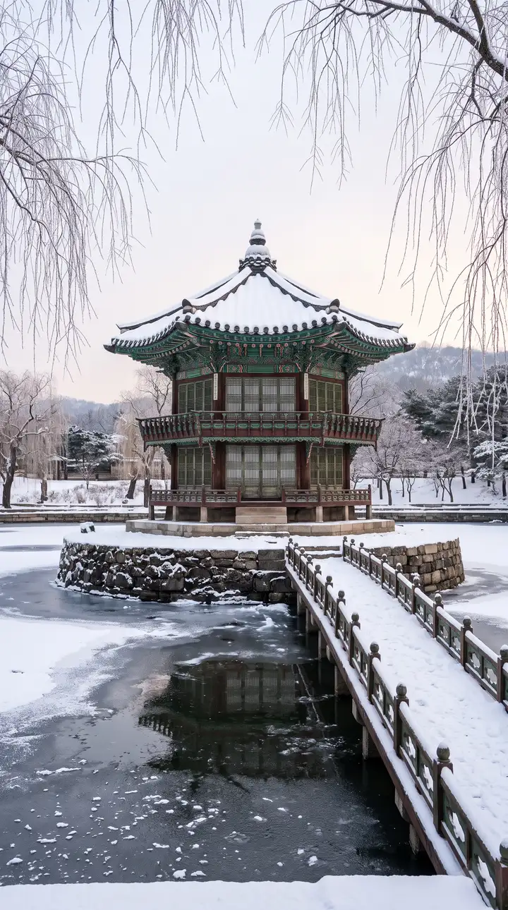 눈 덮인 경복궁 향원정 육모정자와 목조 취향교의 고요