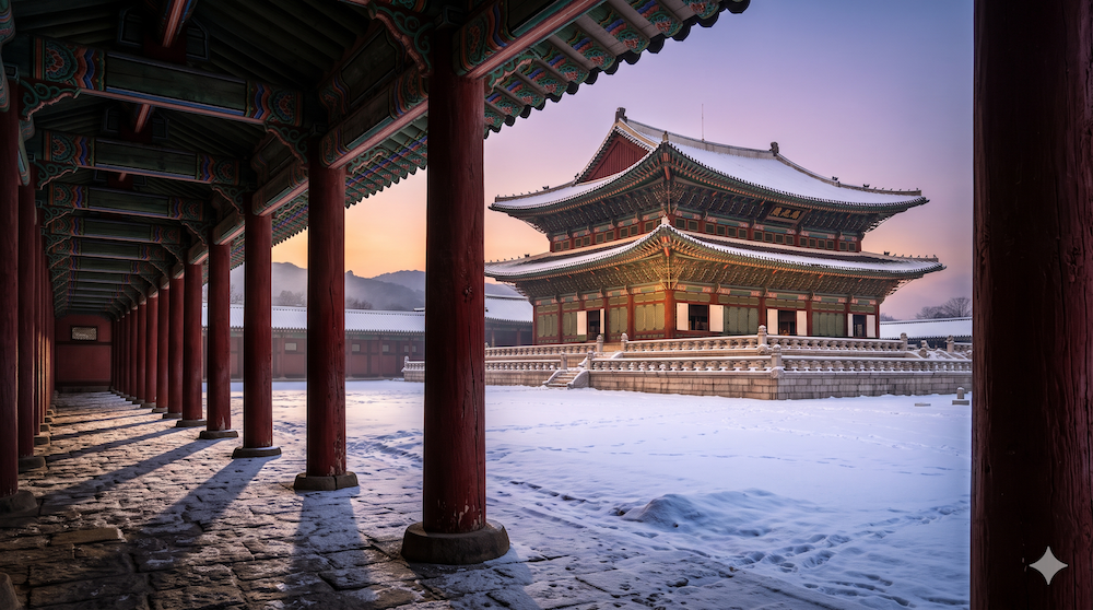 경복궁 회랑 붉은 기둥 너머 눈 덮인 근정전과 저녁 노을
