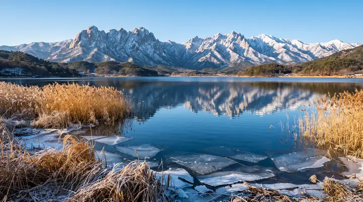 겨울 영랑호 수면에 반영된 설악산 울산바위 파노라마