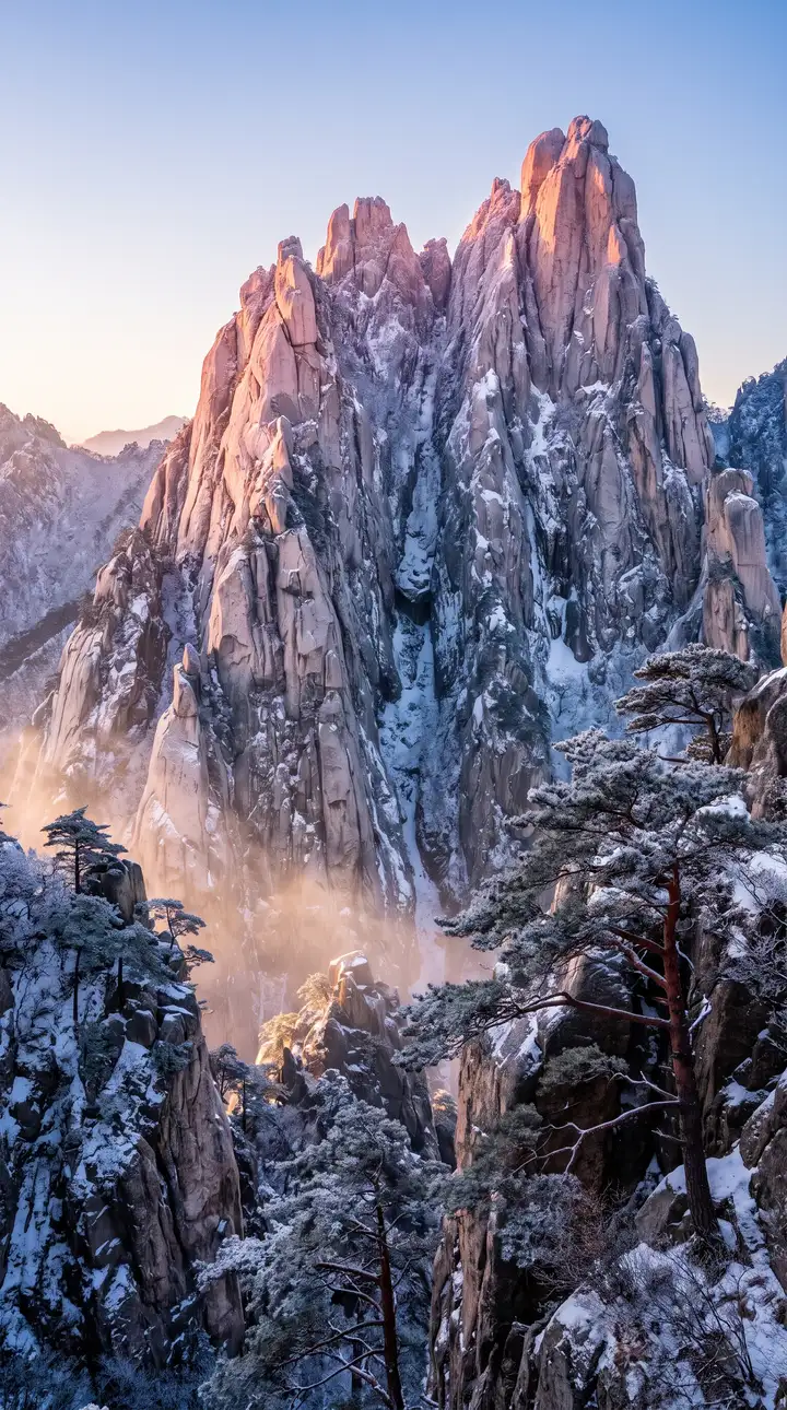 설악산 울산바위의 겨울 여명과 수직 화강암 설봉