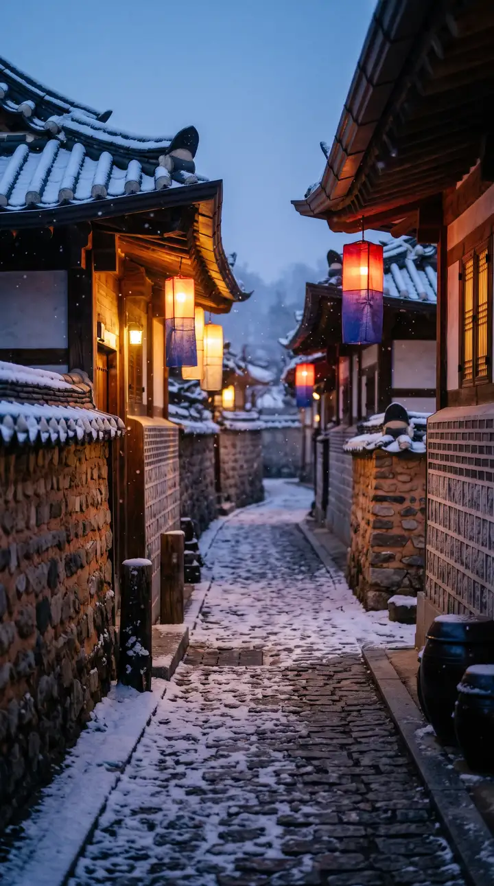 눈 내린 전주 한옥 골목길의 황혼과 등불