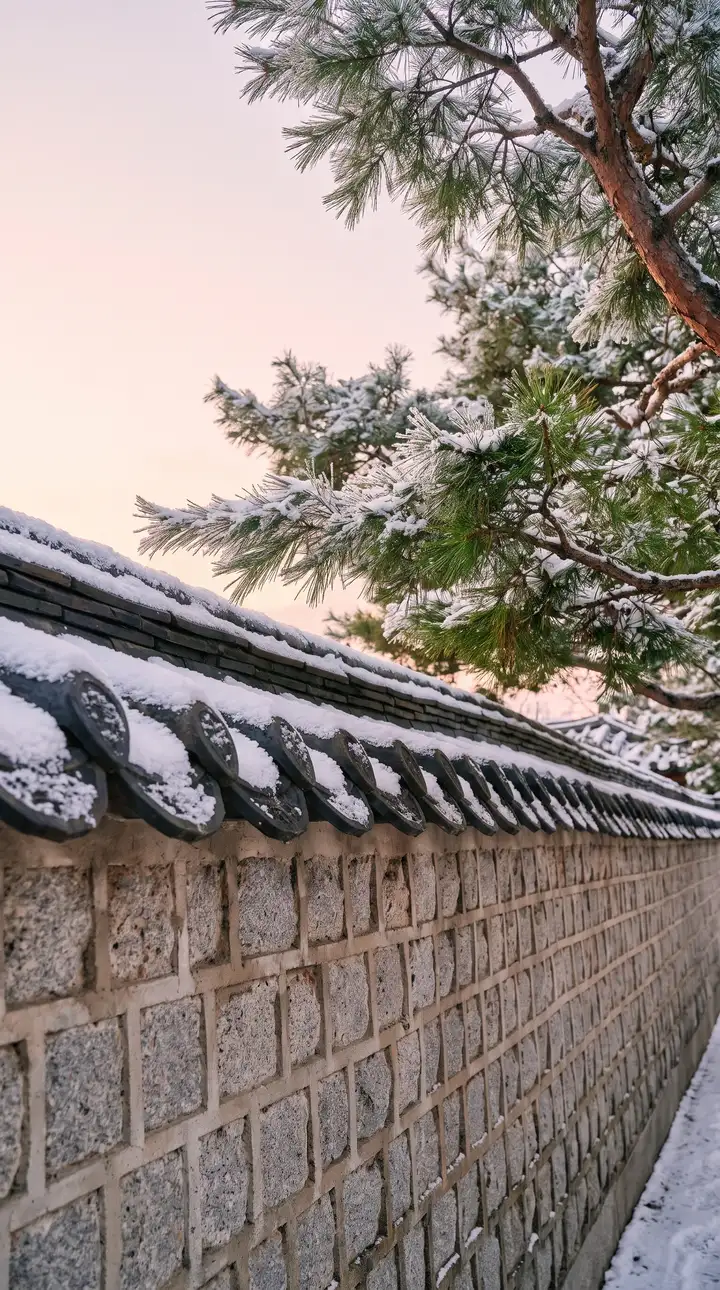 새벽 서리 내린 전통 돌담길과 겨울 솔가지