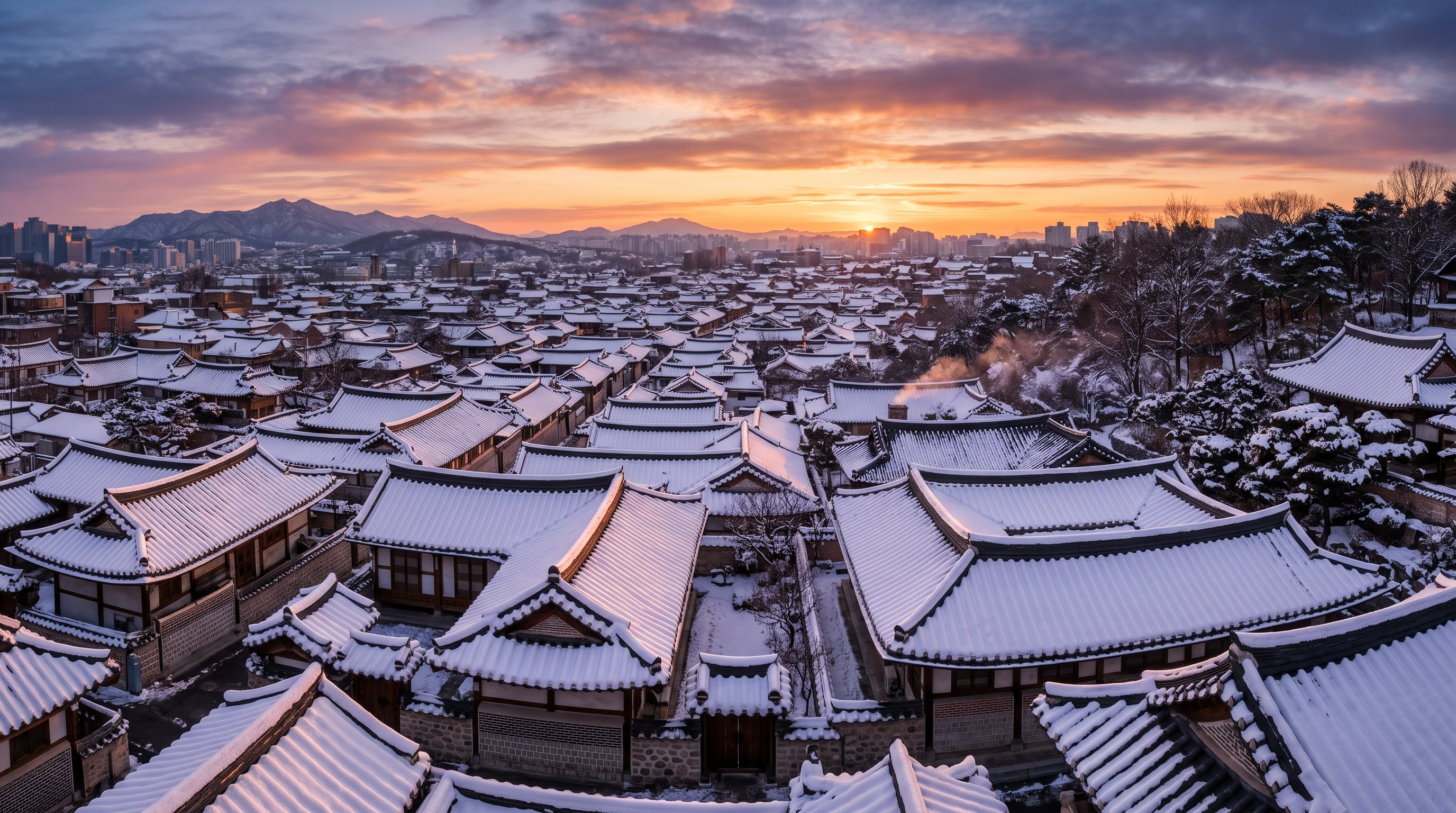 전주 한옥마을 황금빛 노을 기와지붕 파노라마 스톡 이미지