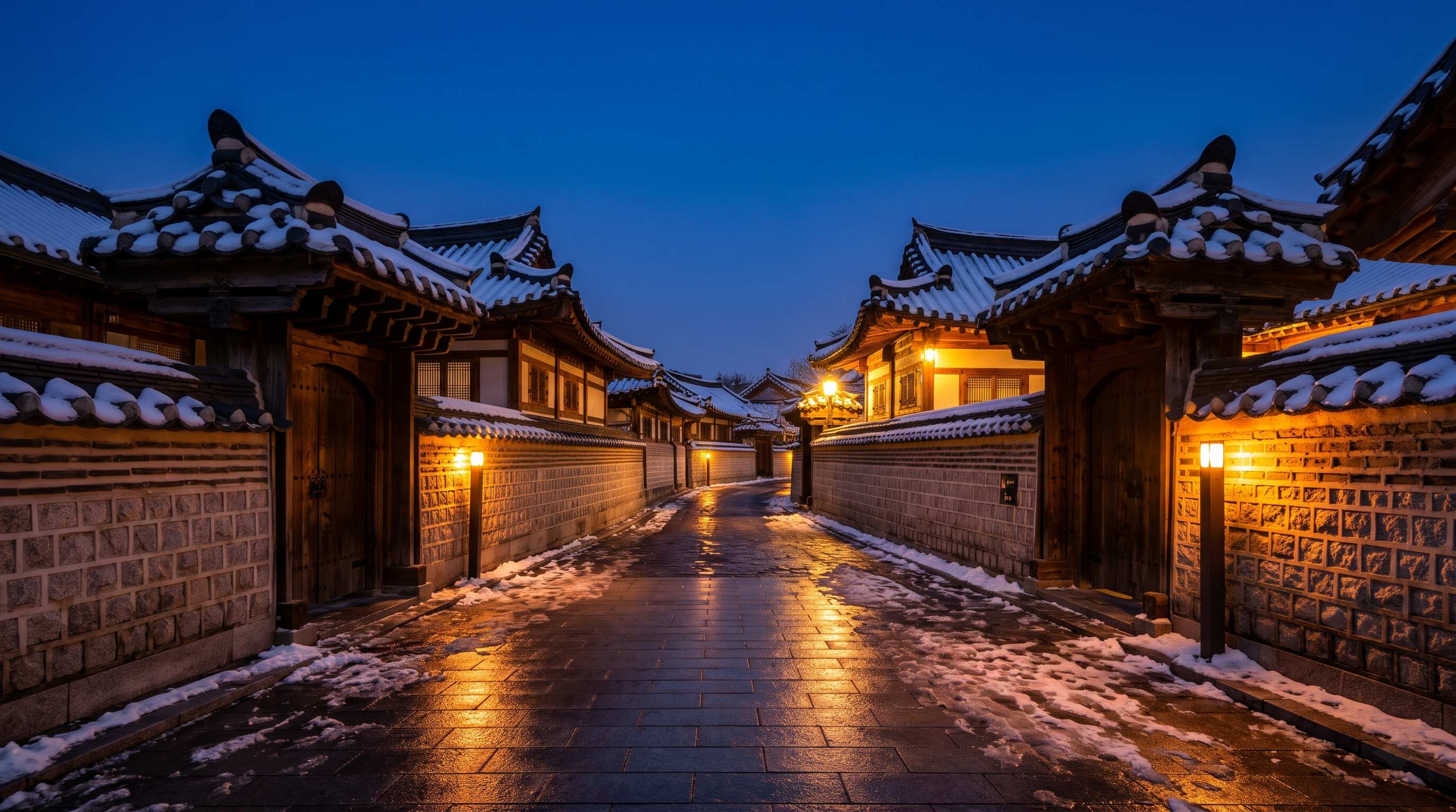 전주 한옥마을 블루아워 설경 AI 스톡 이미지