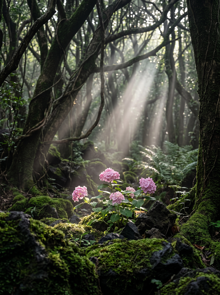 곶자왈 숲의 신비로운 이끼와 야생 수국