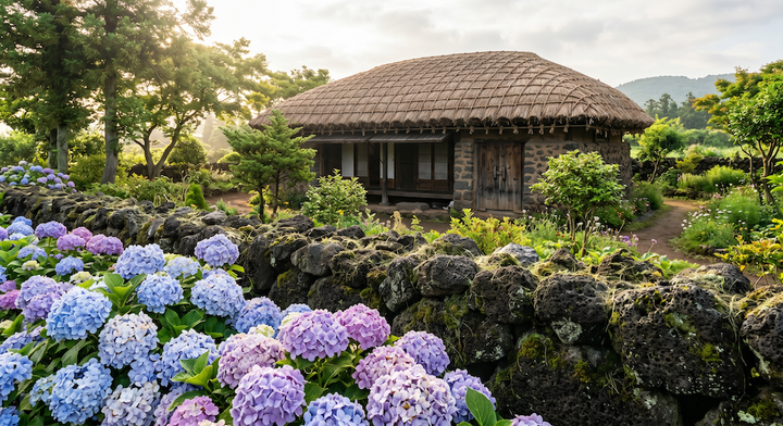 전통 가옥과 조화를 이루는 고요한 수국 정원
