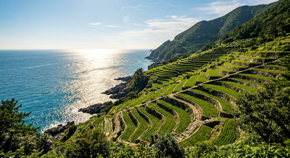 남해 다랭이마을의 황금빛 윤슬과 계단식 논