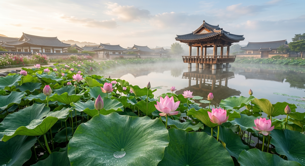 덕진공원의 연꽃과 한옥 도서관의 반영