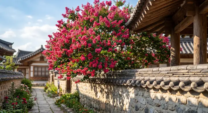 배롱나무꽃과 한옥의 고전적 대비