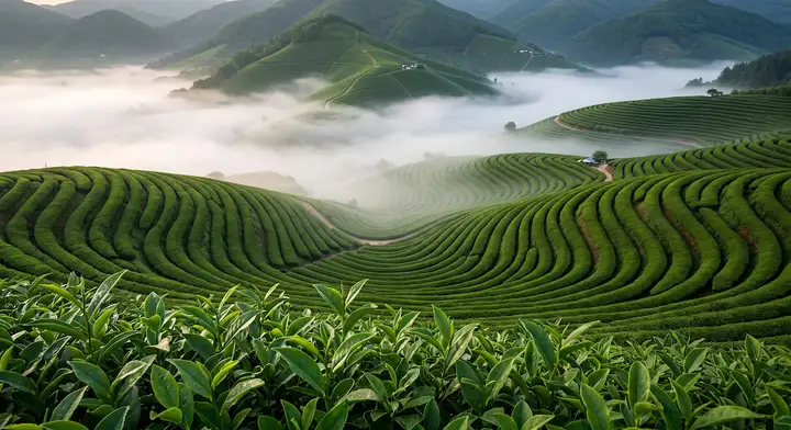 보성 녹차밭의 새벽 안개와 곡선미