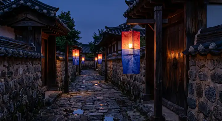 한옥마을의 야경과 은은한 청사초롱