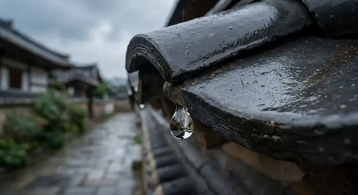 장마철 처마 밑 빗방울의 감성