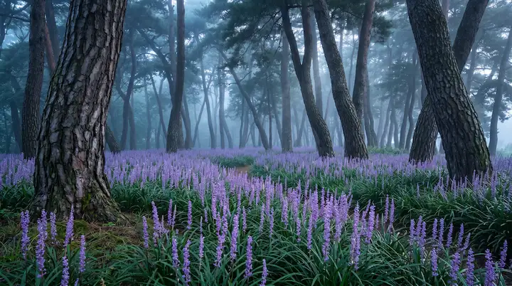 황성공원 소나무 숲의 맥문동 군락 (새벽의 신비로움)