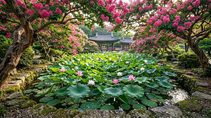 종오정의 연꽃 정원과 배롱나무의 조화 (전통 정원의 정수)