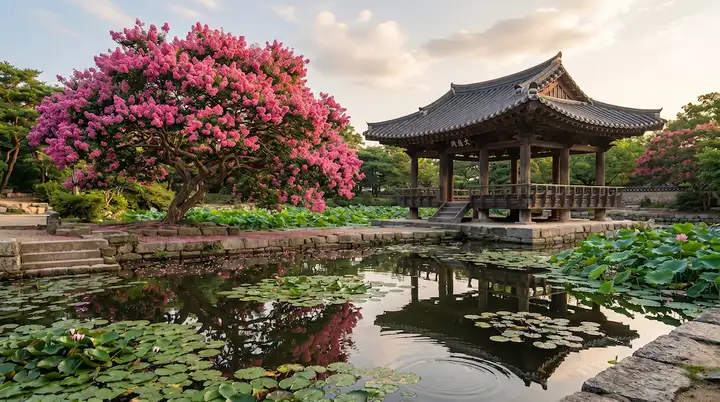 서출지의 배롱나무와 전통 정자 반영 (오후의 정취)