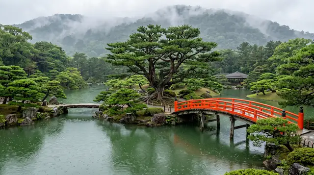 리쓰린 공원의 비 오는 날 정원 미학