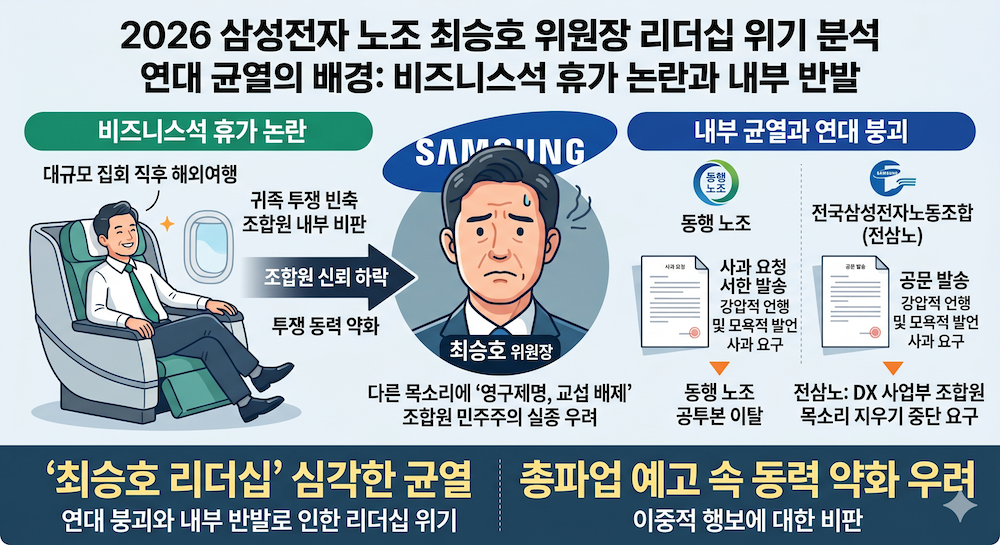 2026 삼성전자 노조 최승호 위원장 리더십 위기와 비즈니스석 휴가 논란