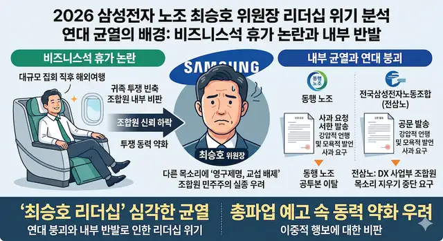2026 삼성전자 노조 최승호 위원장 리더십 위기와 비즈니스석 휴가 논란