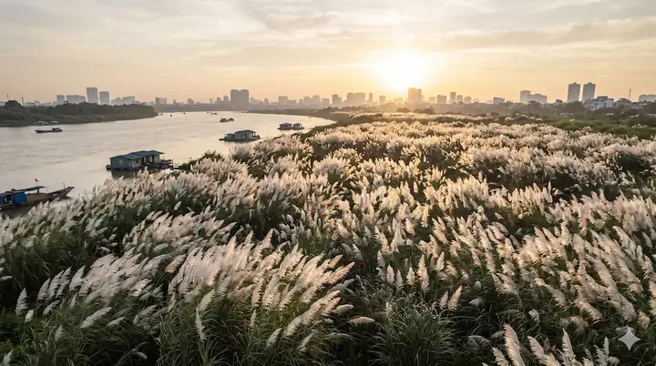 홍강(Red River) 강변의 갈대밭과 가을 햇살
